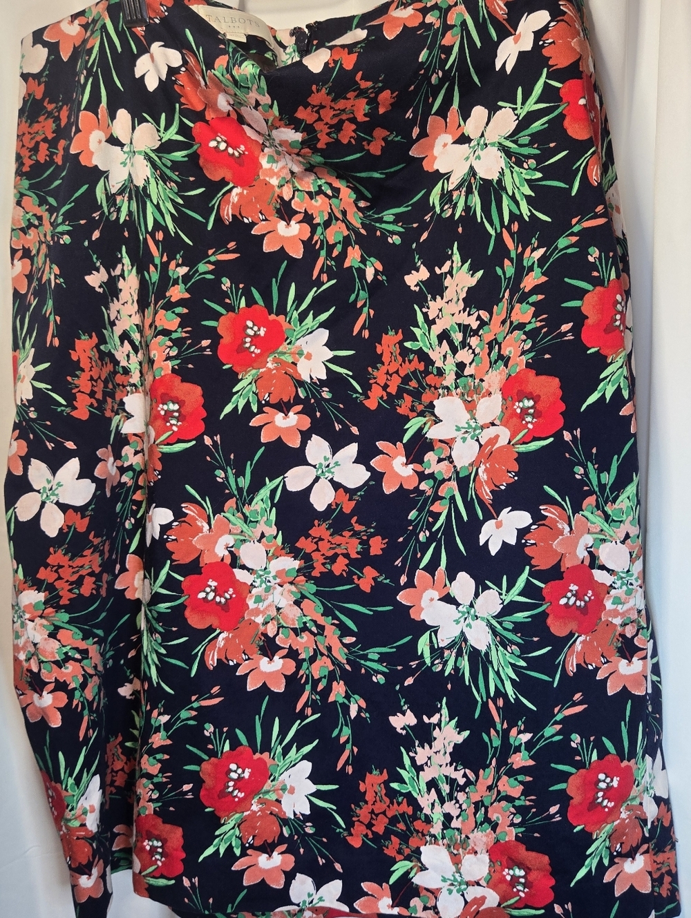 Talbots Navy Floral Midi Skirt with Coral & Red Blooms Size 14 Spring Summer